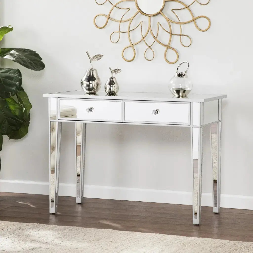 40" Silver Mirrored Glass Console Table And Drawers Homeroots Living Room