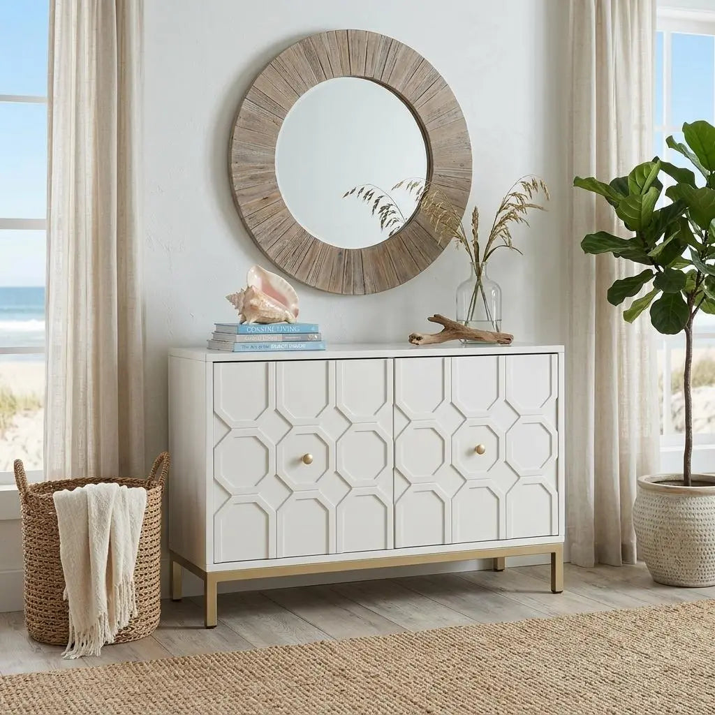 40" White Carved Geometric Sideboard with Two Doors Homeroots Kitchen & Dining