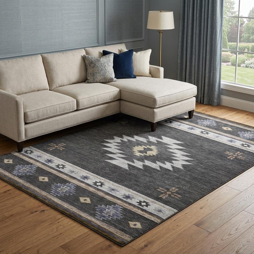 10' X 14' Midnight And Charcoal Geometric Shag Washable Area Rug With UV Protection - Home & Garden