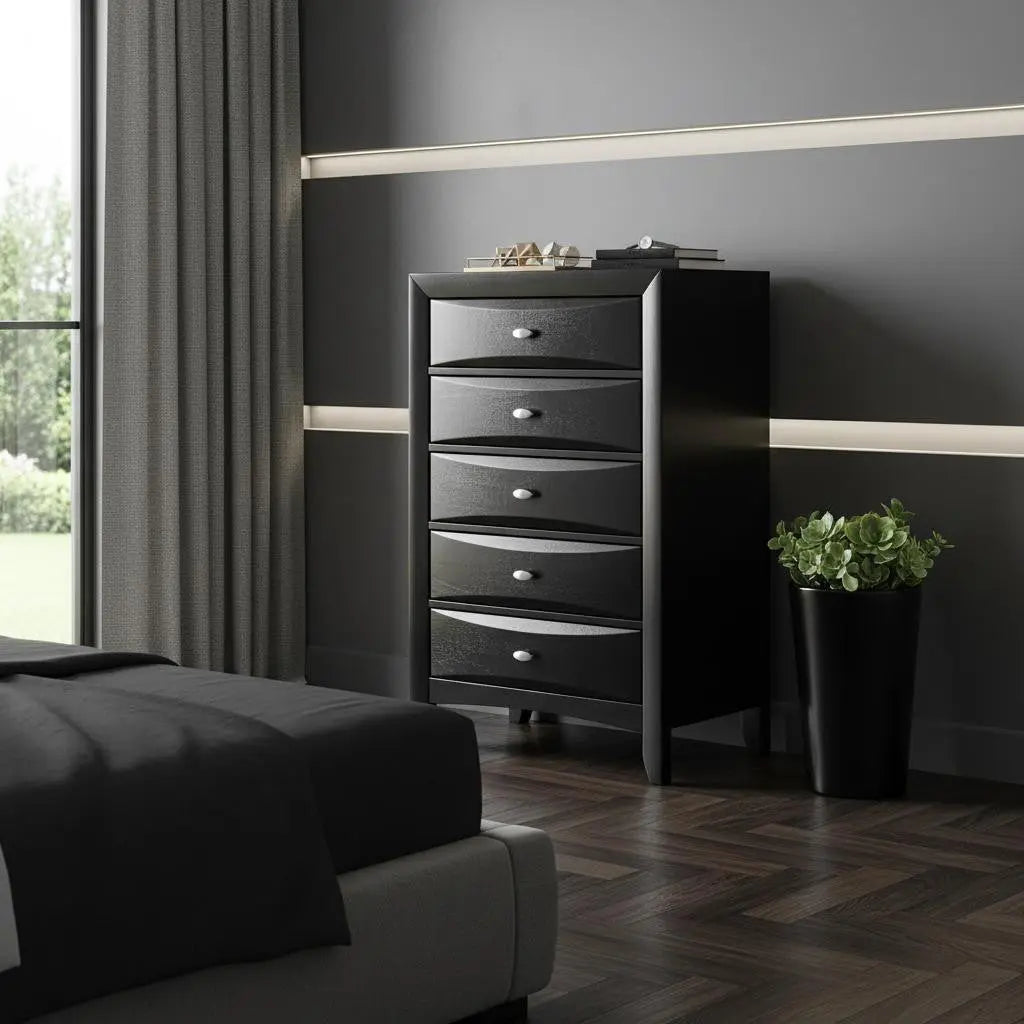 41" Black Solid Wood Five Drawer Dresser Homeroots Bed & Bath