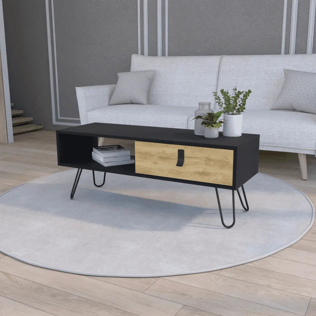 41" Black and Oak Wood and Metal Coffee Table With Drawer And Shelf - GreatEagleInc