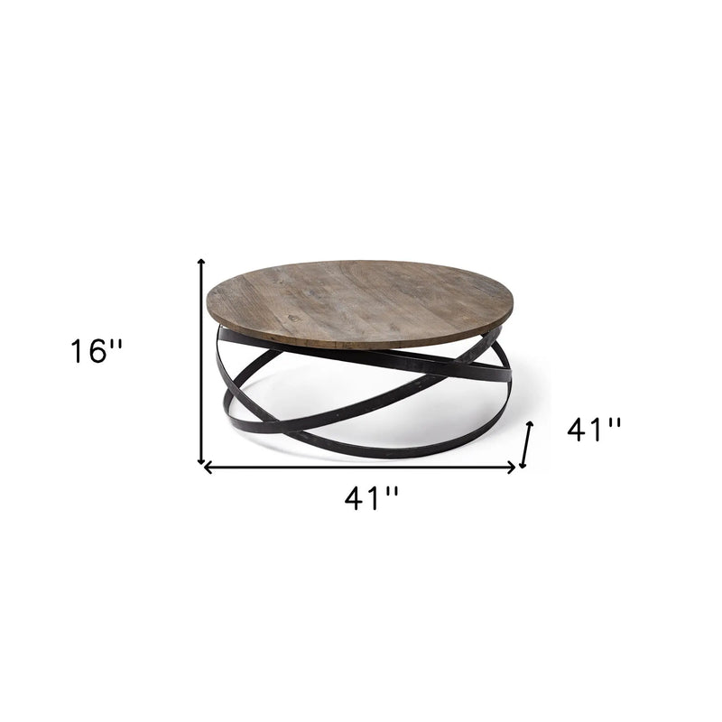 41" Brown and Black Solid Wood and Metal Round Coffee Table Homeroots Living Room