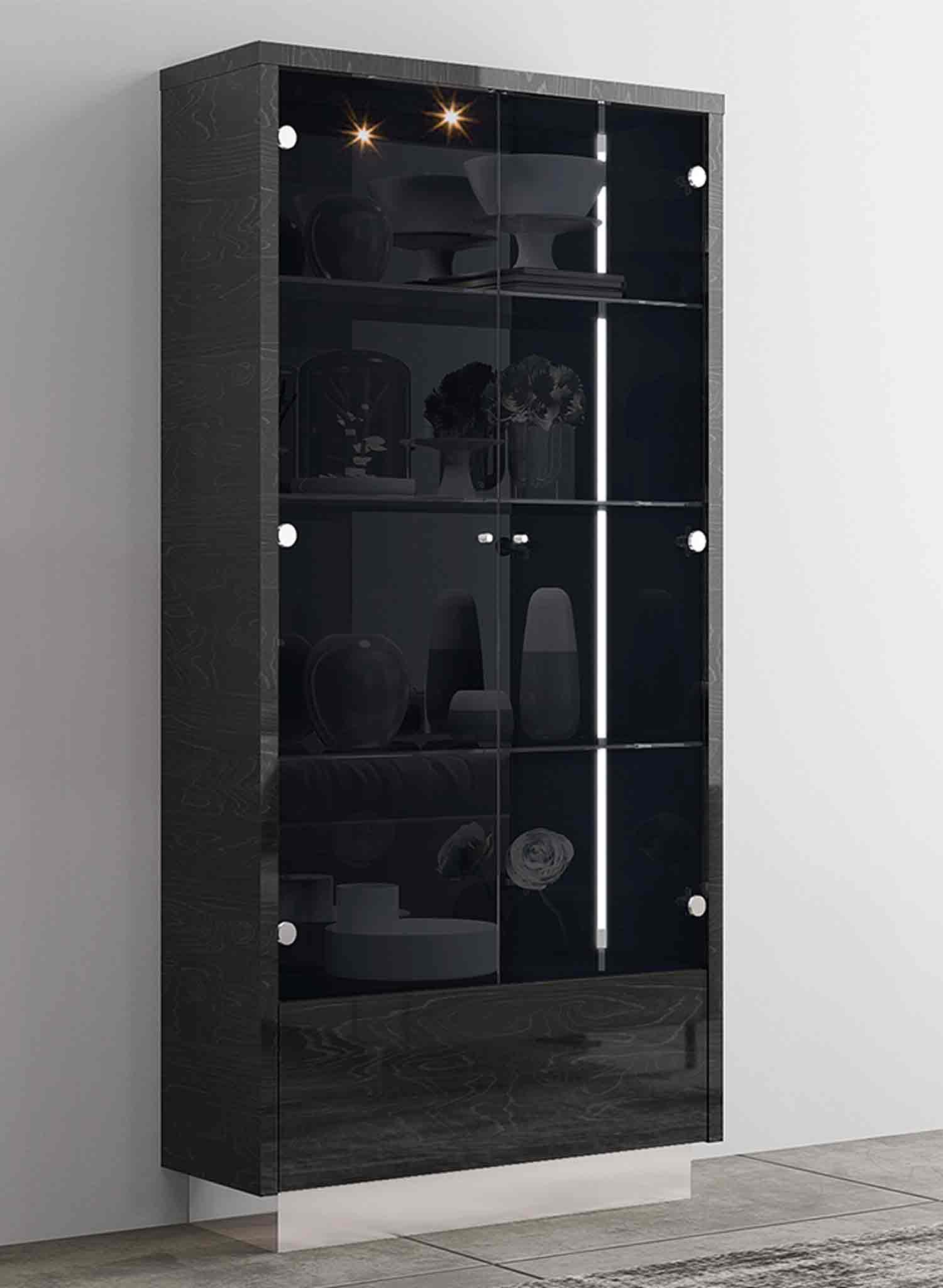 41" Dark Gray Wood Display Cabinet With LED With Two Doors And One Drawer Homeroots Kitchen & Dining