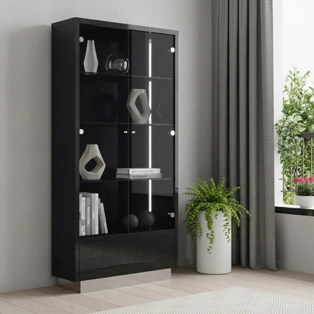 41" Dark Gray Wood Display Cabinet With LED With Two Doors And One Drawer Homeroots Kitchen & Dining