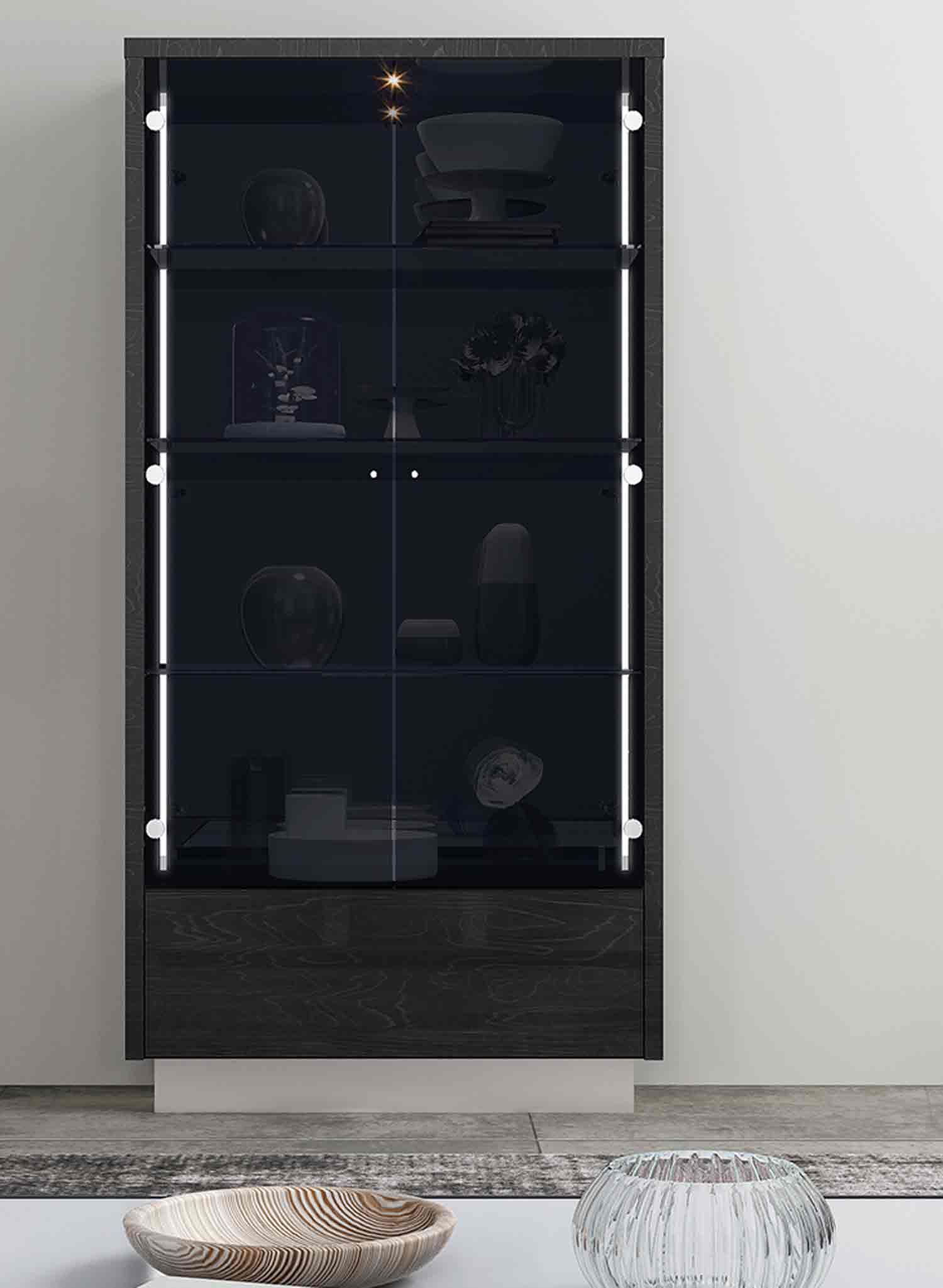 41" Dark Gray Wood Display Cabinet With LED With Two Doors And One Drawer Homeroots Kitchen & Dining