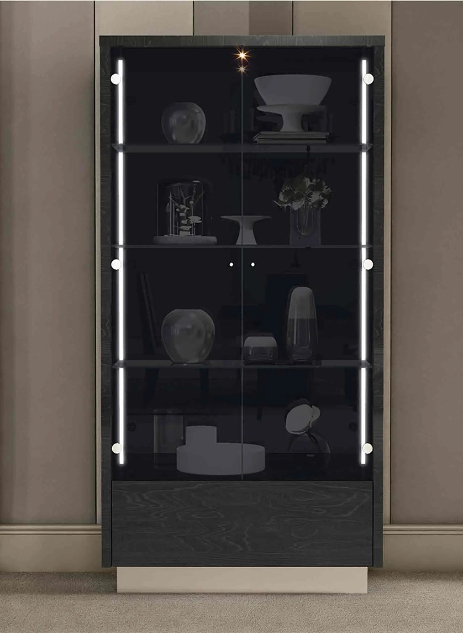 41" Dark Gray Wood Display Cabinet With LED With Two Doors And One Drawer Homeroots Kitchen & Dining