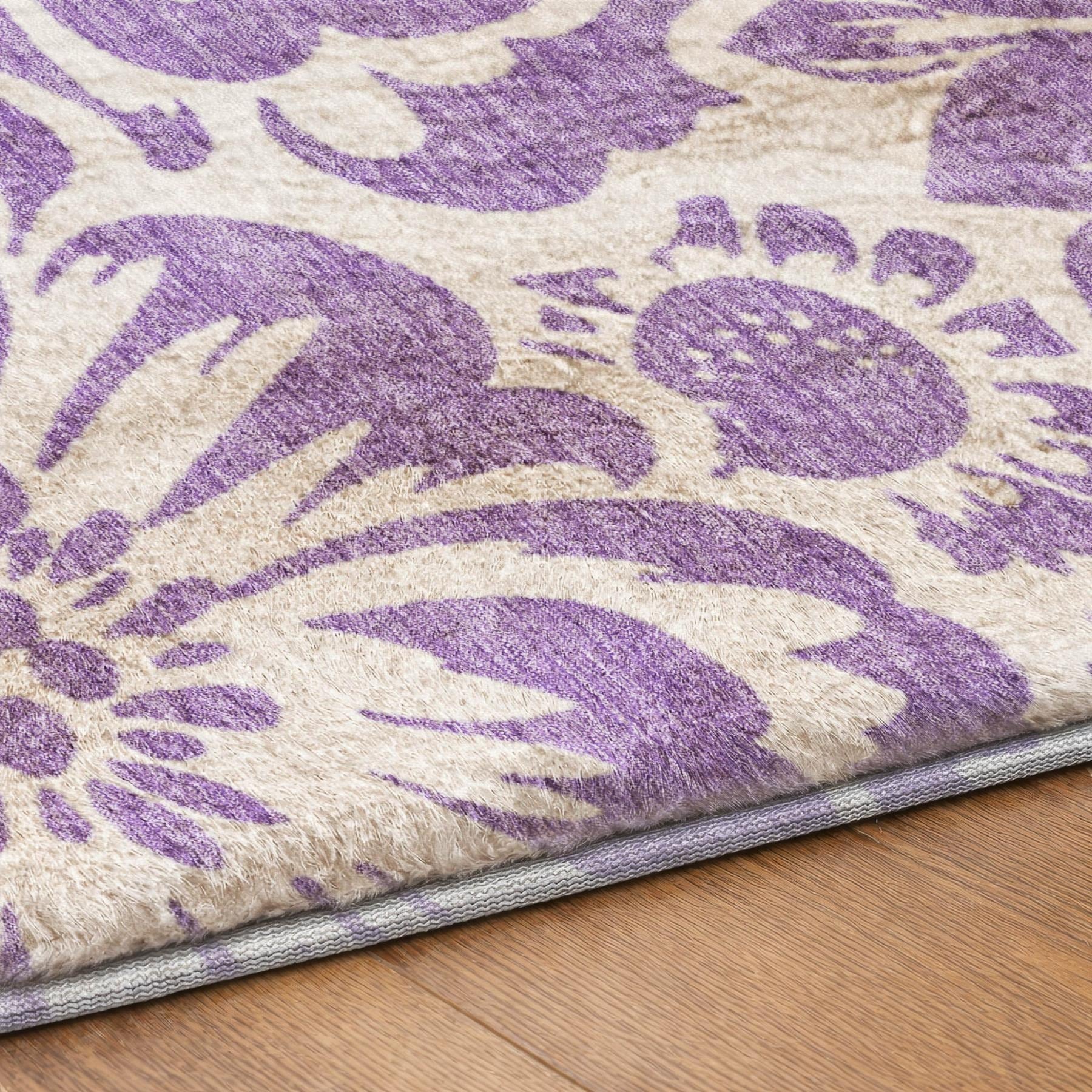 8' Purple And Ivory Floral Shag Washable Round Rug With UV Protection - Home & Garden