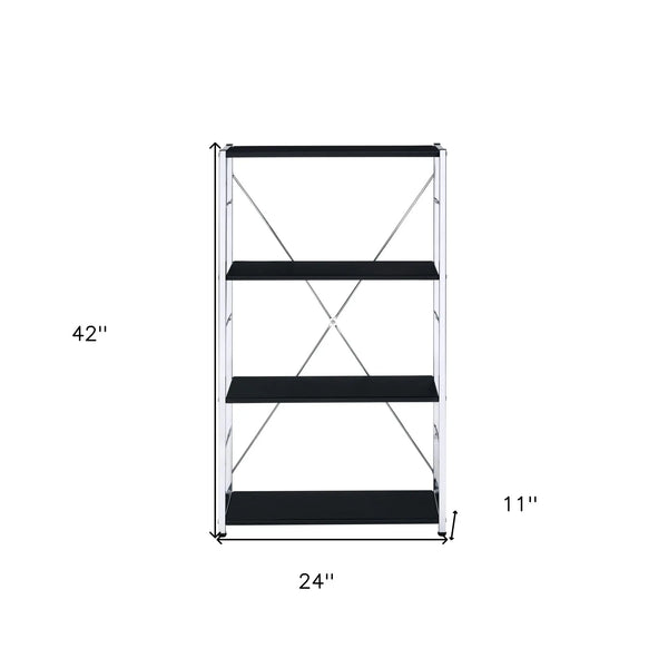 42" Black And Silver Metal and Wood Four Tier Etagere Bookcase Homeroots Office