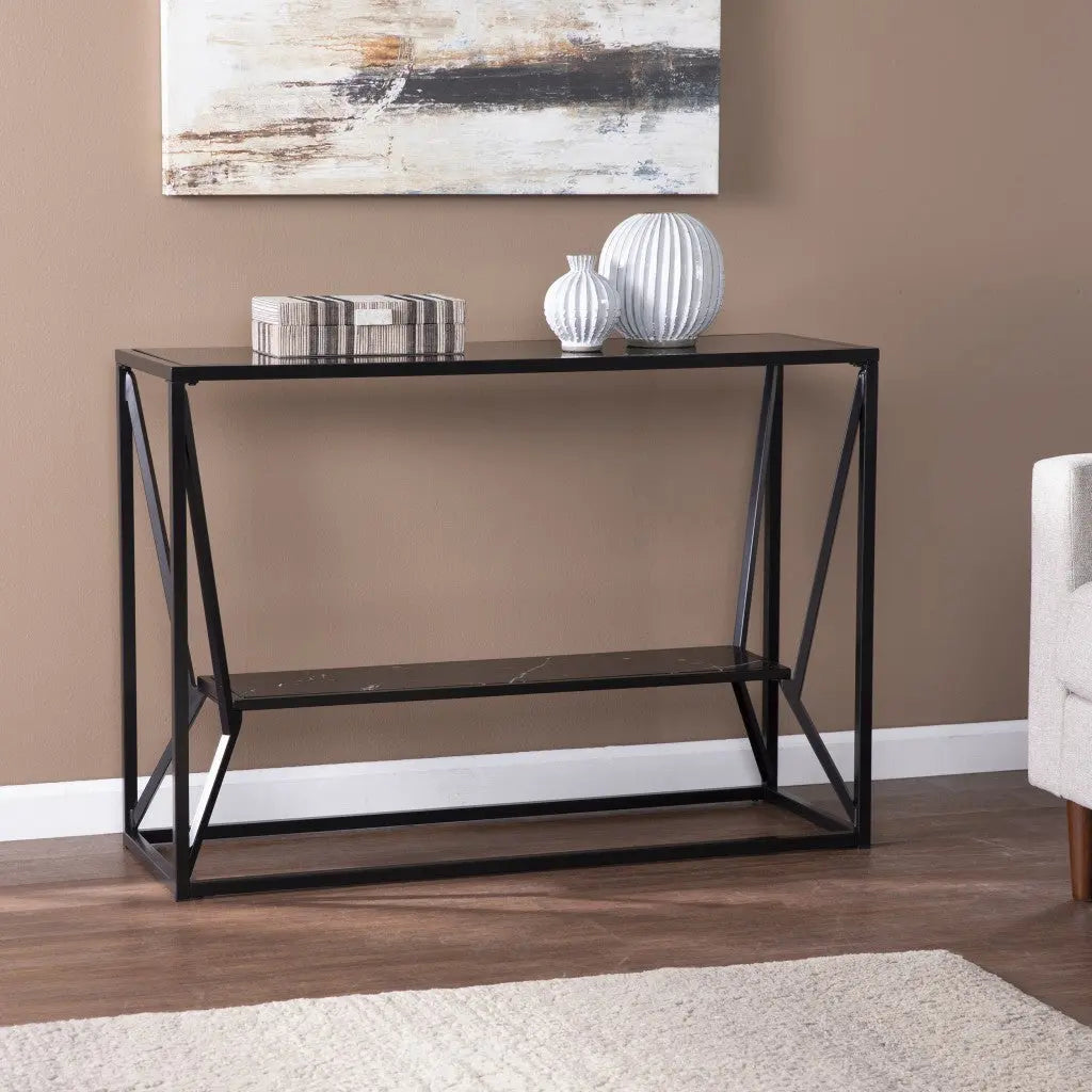 42" Black Glass and Metal A Frame Console Table With Shelf Homeroots Living Room