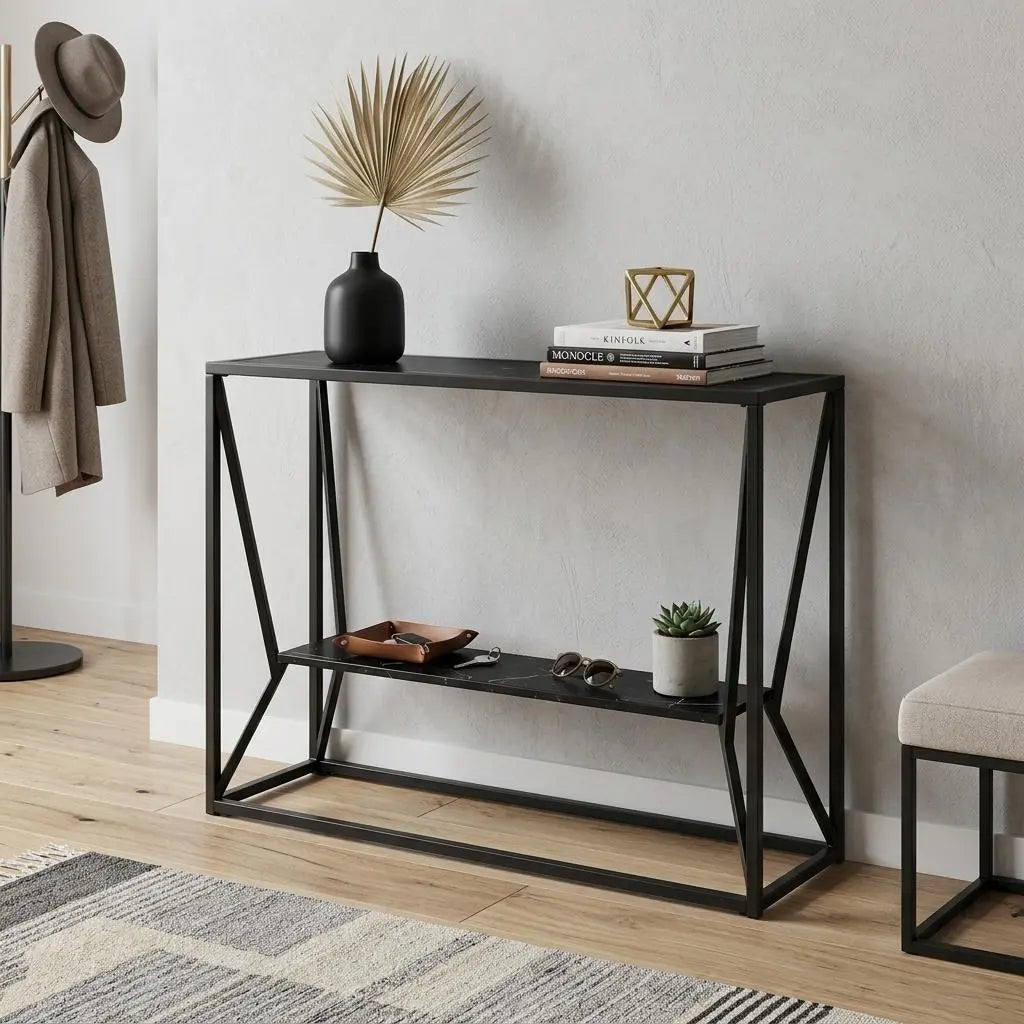 42" Black Glass and Metal A Frame Console Table With Shelf Homeroots Living Room