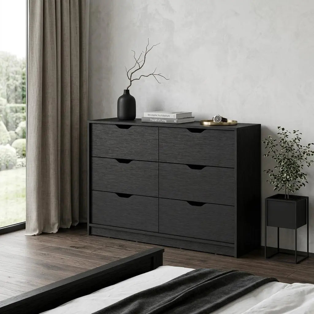 42" Black Manufactured Wood Six Drawer Modern Dresser Homeroots Bed & Bath