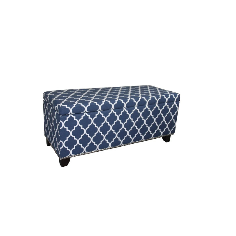 42" Blue and White and Dark Brown Upholstered Polyester Quatrefoil Bench with Flip top Homeroots Living Room