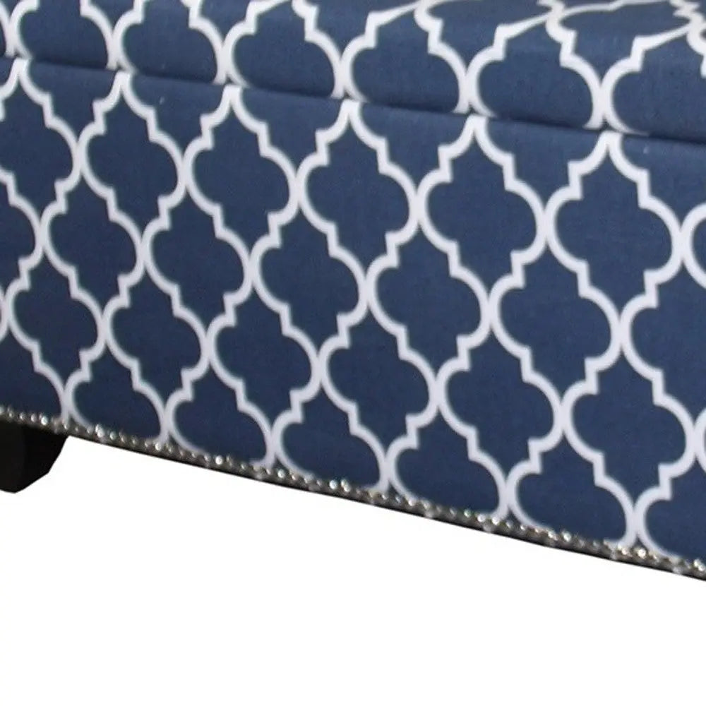 42" Blue and White and Dark Brown Upholstered Polyester Quatrefoil Bench with Flip top Homeroots Living Room