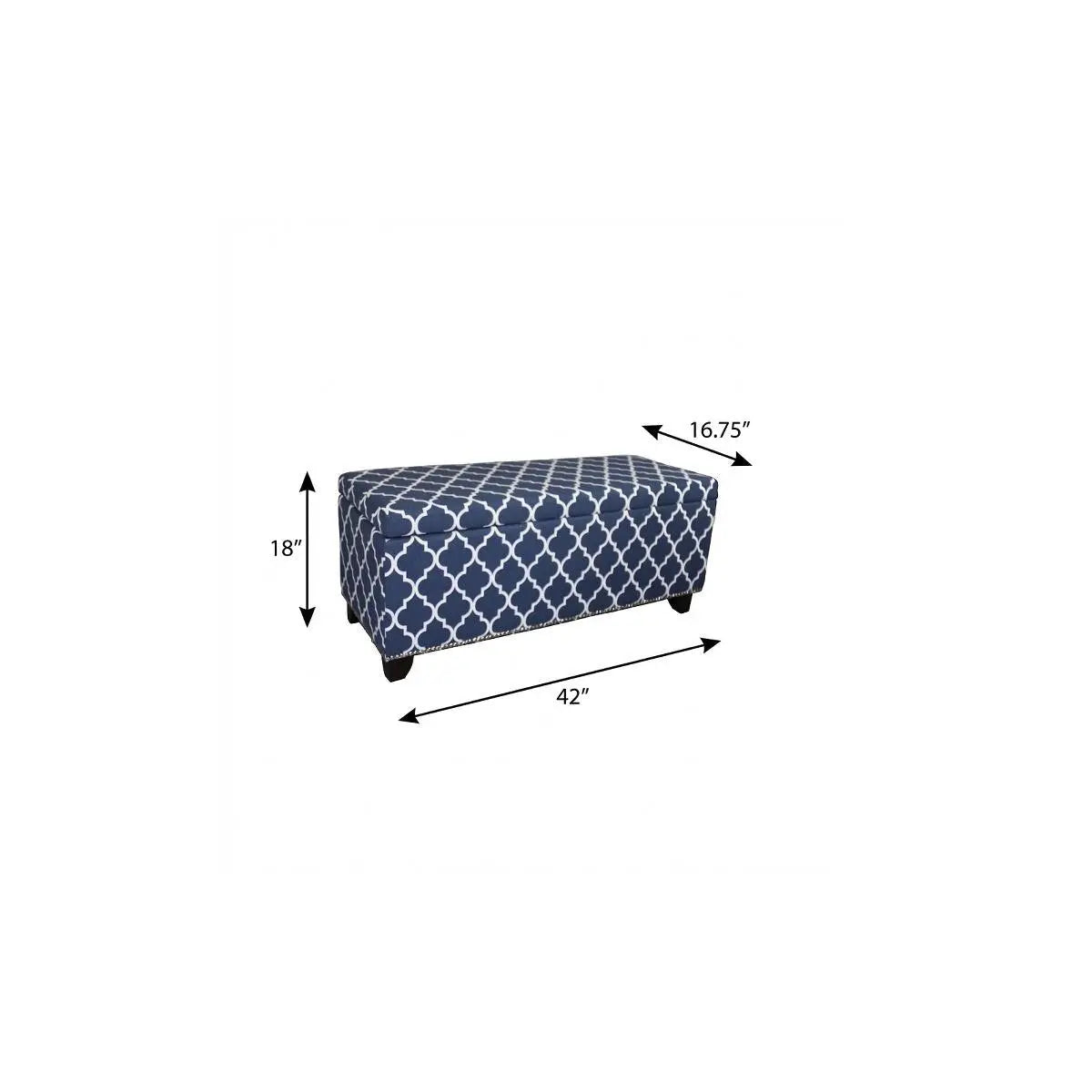 42" Blue and White and Dark Brown Upholstered Polyester Quatrefoil Bench with Flip top Homeroots Living Room