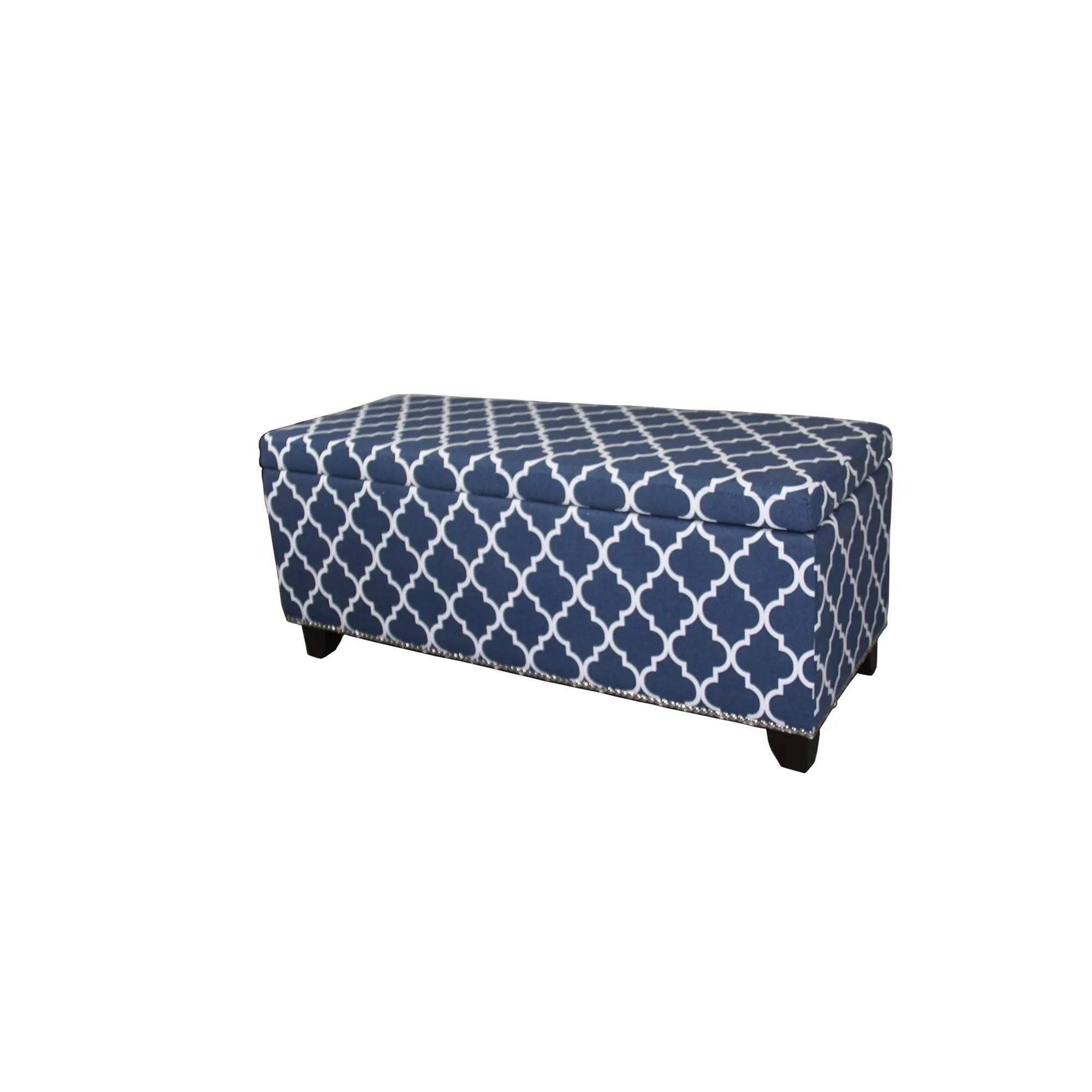 42" Blue and White and Dark Brown Upholstered Polyester Quatrefoil Bench with Flip top Homeroots Living Room