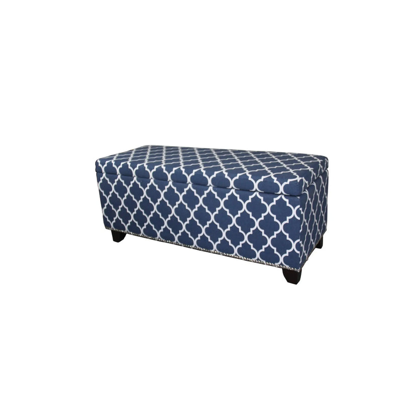 42" Blue and White and Dark Brown Upholstered Polyester Quatrefoil Bench with Flip top Homeroots Living Room