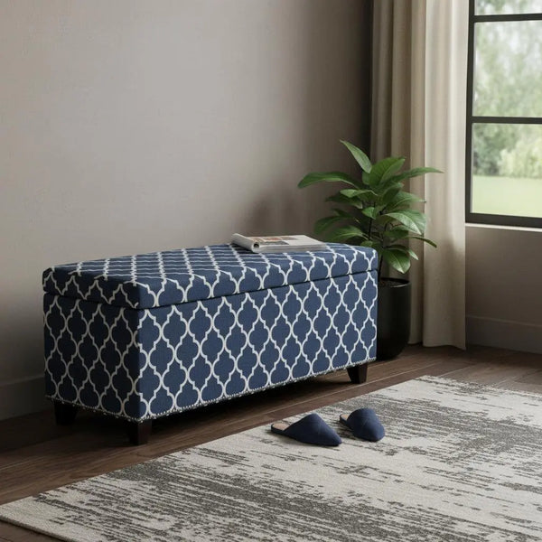 42" Blue and White and Dark Brown Upholstered Polyester Quatrefoil Bench with Flip top Homeroots Living Room
