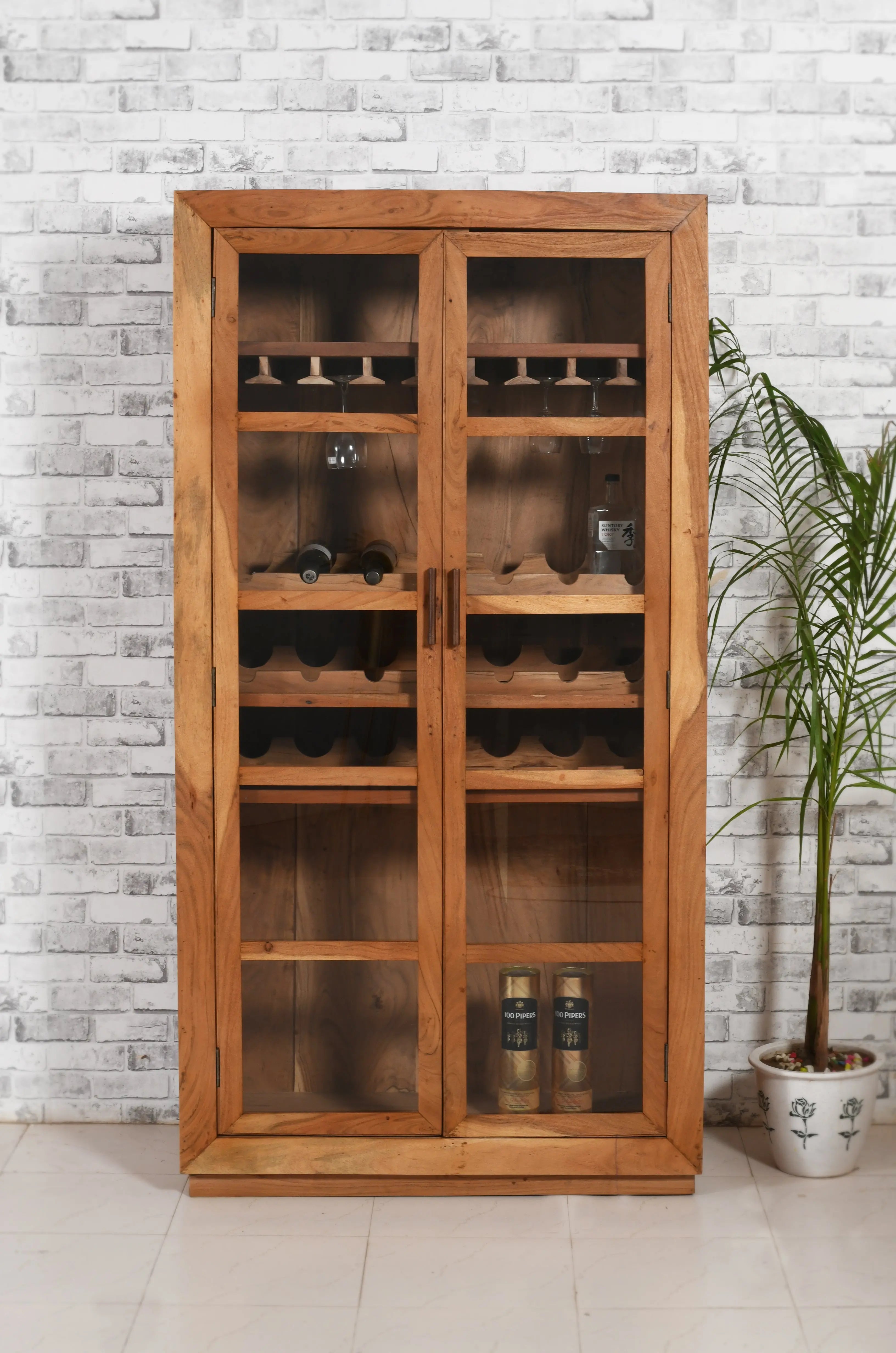42" Brown Solid Wood And Glass Bar Cabinet With Four Shelves Homeroots Kitchen & Dining