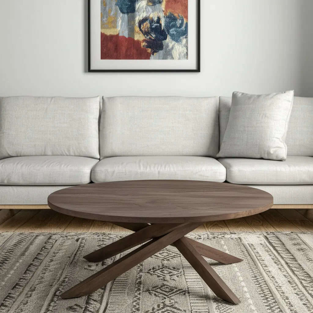 42" Brown Solid Wood Round Cross Legs Coffee Table Homeroots Living Room