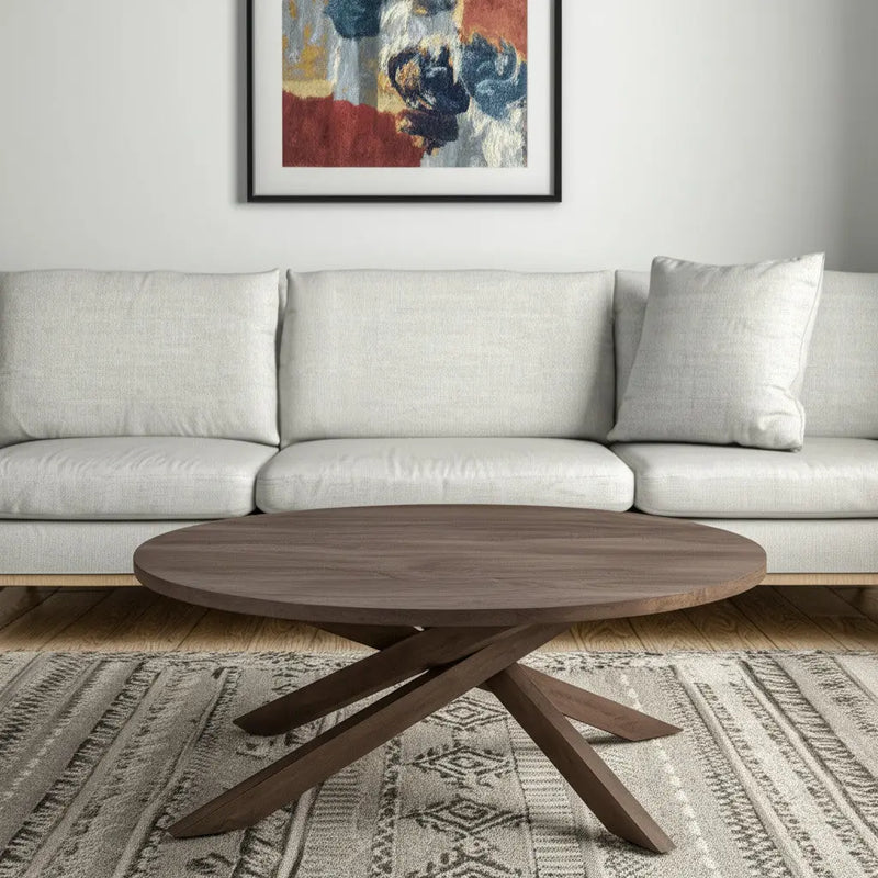 42" Brown Solid Wood Round Cross Legs Coffee Table Homeroots Living Room