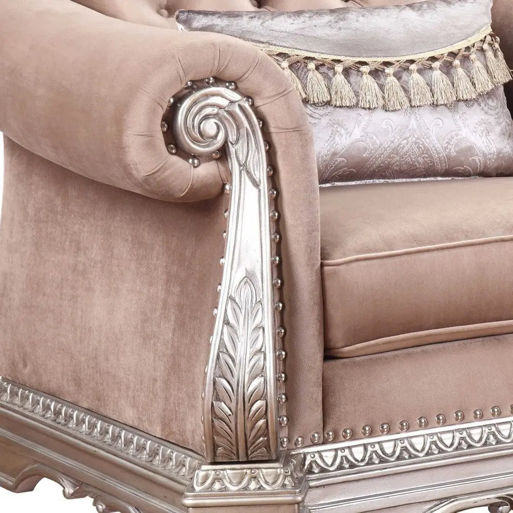 42" Cherry Blossom Pink Tufted Velvet and Wood Arm Chair And Toss Pillow Homeroots Living Room