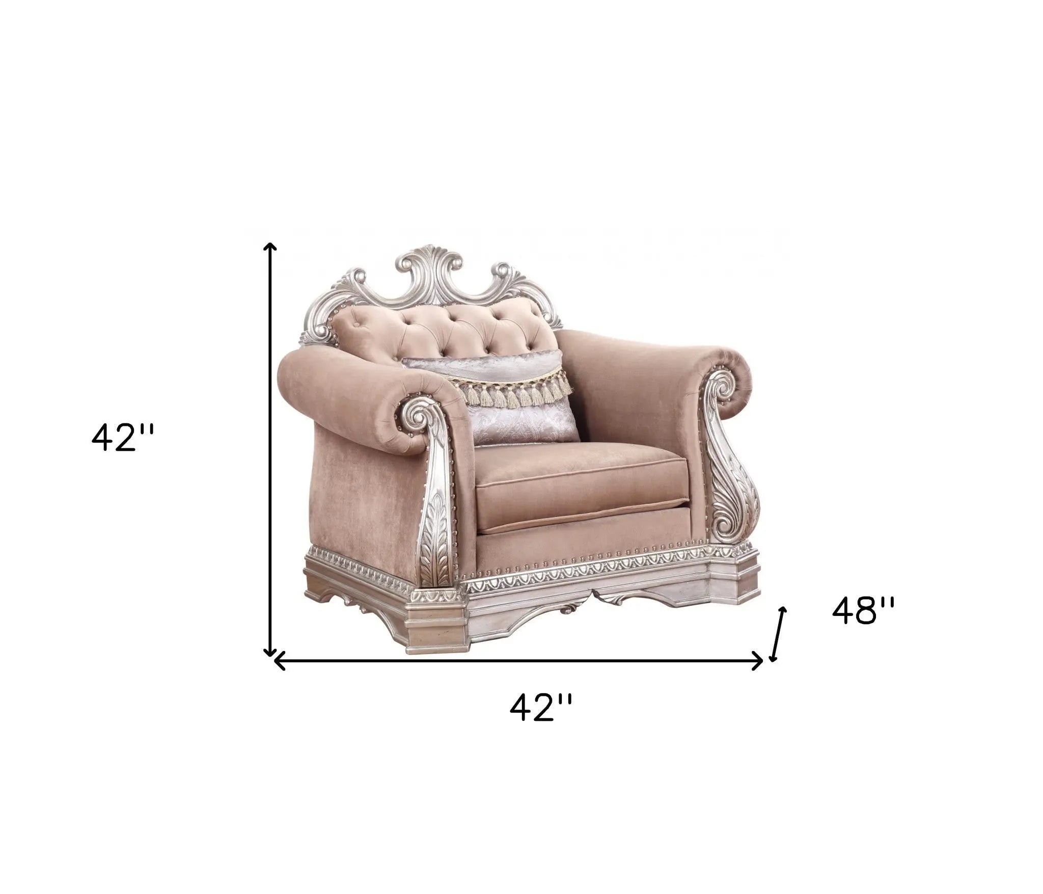 42" Cherry Blossom Pink Tufted Velvet and Wood Arm Chair And Toss Pillow Homeroots Living Room