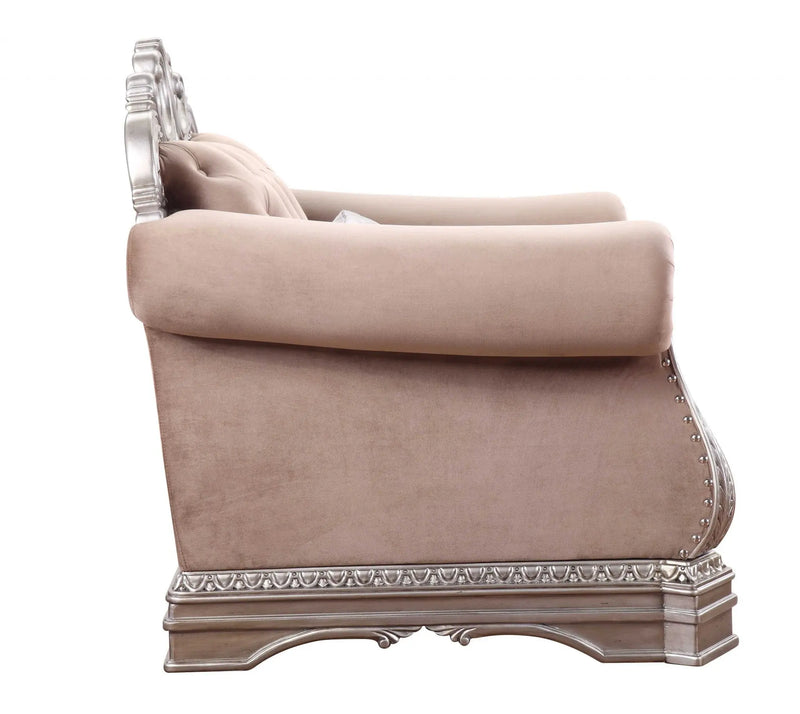 42" Cherry Blossom Pink Tufted Velvet and Wood Arm Chair And Toss Pillow Homeroots Living Room
