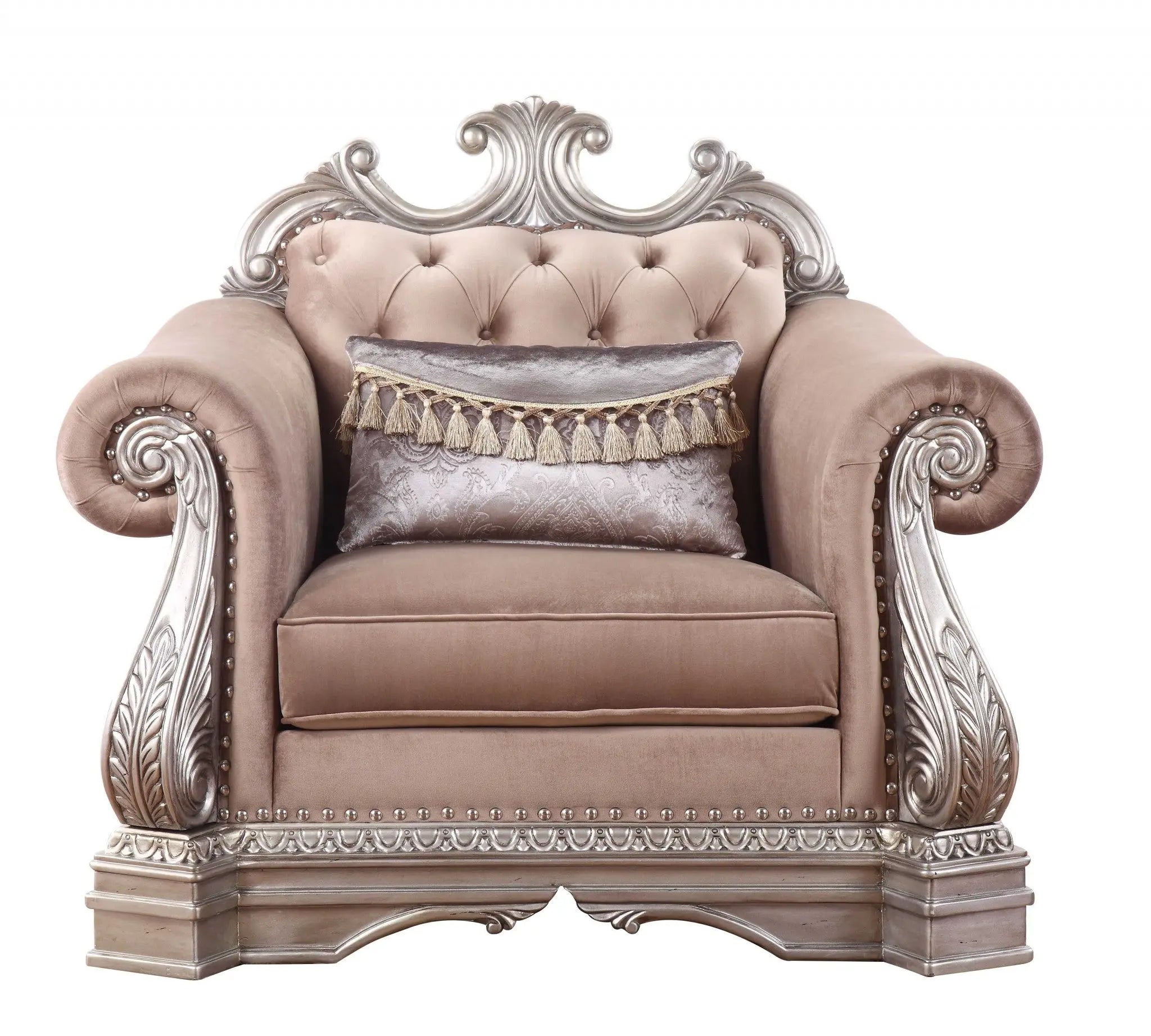 42" Cherry Blossom Pink Tufted Velvet and Wood Arm Chair And Toss Pillow Homeroots Living Room