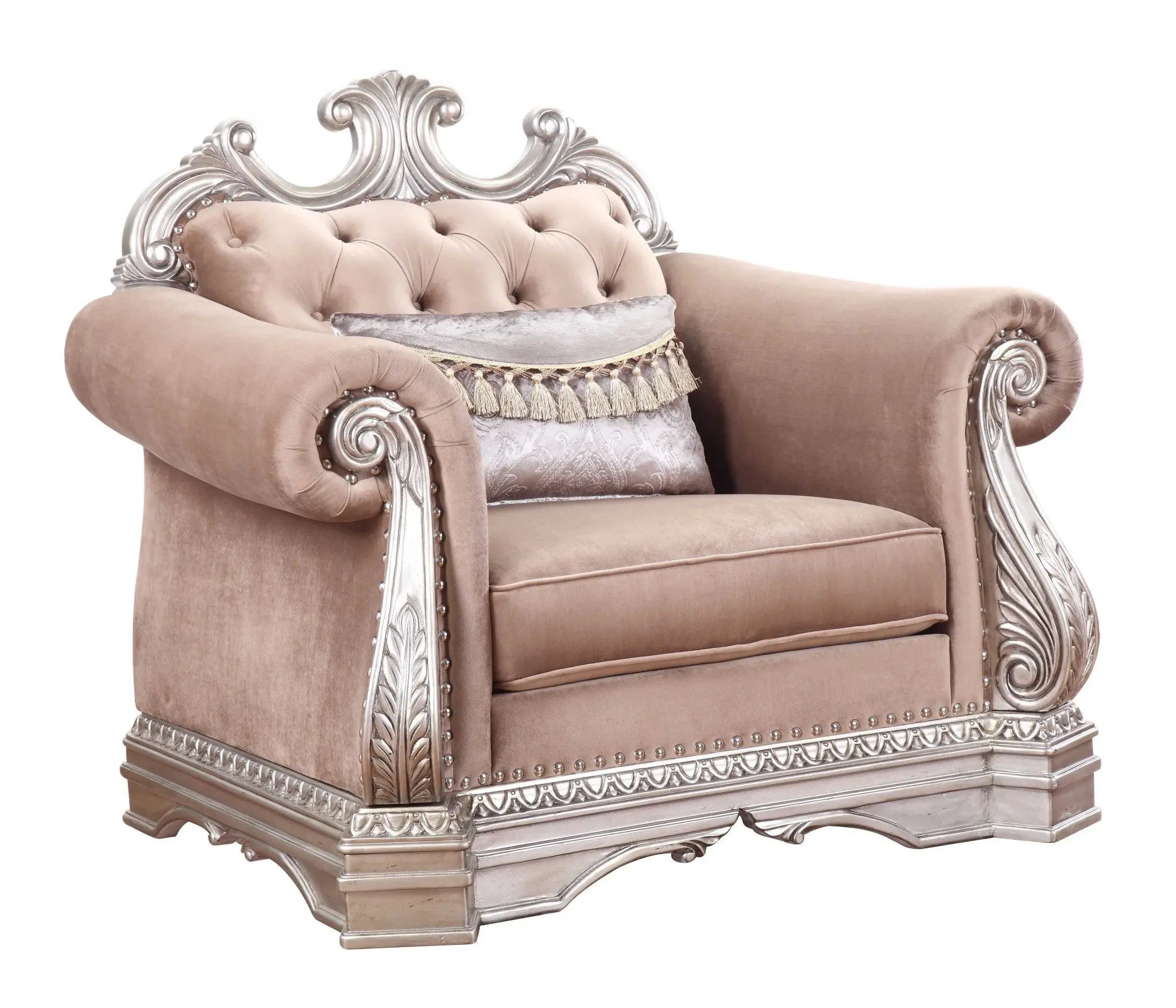 42" Cherry Blossom Pink Tufted Velvet and Wood Arm Chair And Toss Pillow Homeroots Living Room