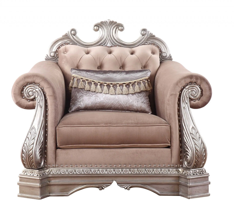 42" Cherry Blossom Pink and Silver Velvet Tufted Arm Chair And Toss Pillow - GreatEagleInc