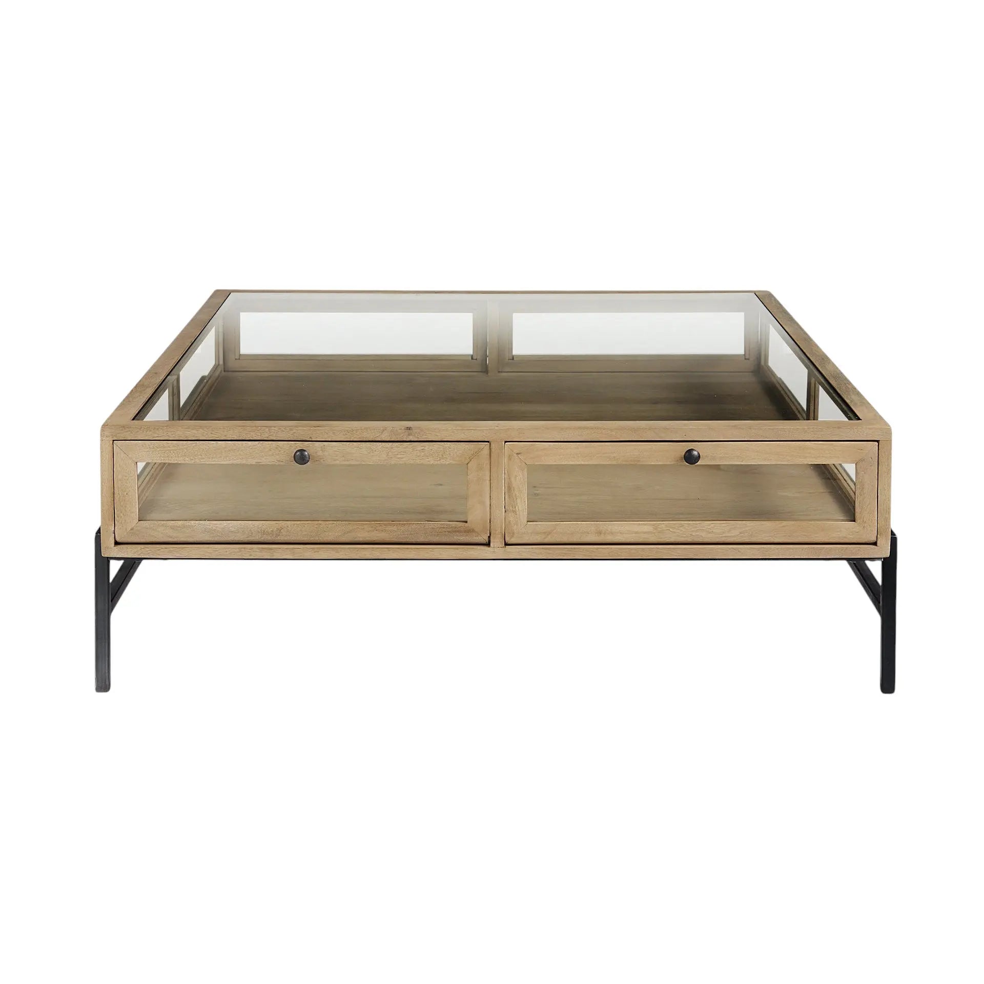 42" Clear and Black Glass and Metal Square Coffee Table With Two Drawers And Shelf Homeroots Living Room