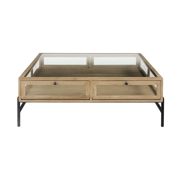 42" Clear and Black Glass and Metal Square Coffee Table With Two Drawers And Shelf Homeroots Living Room