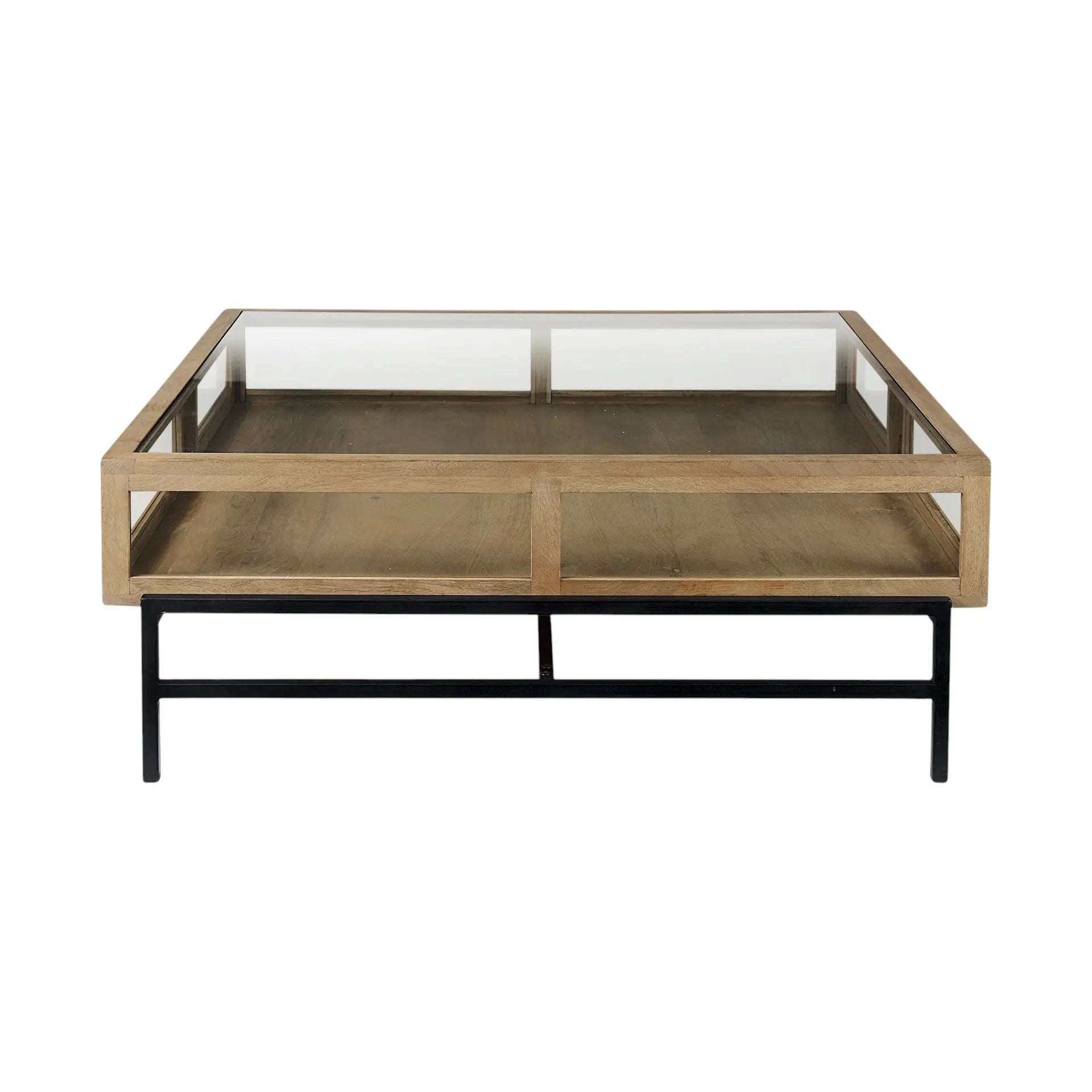 42" Clear and Black Glass and Metal Square Coffee Table With Two Drawers And Shelf Homeroots Living Room