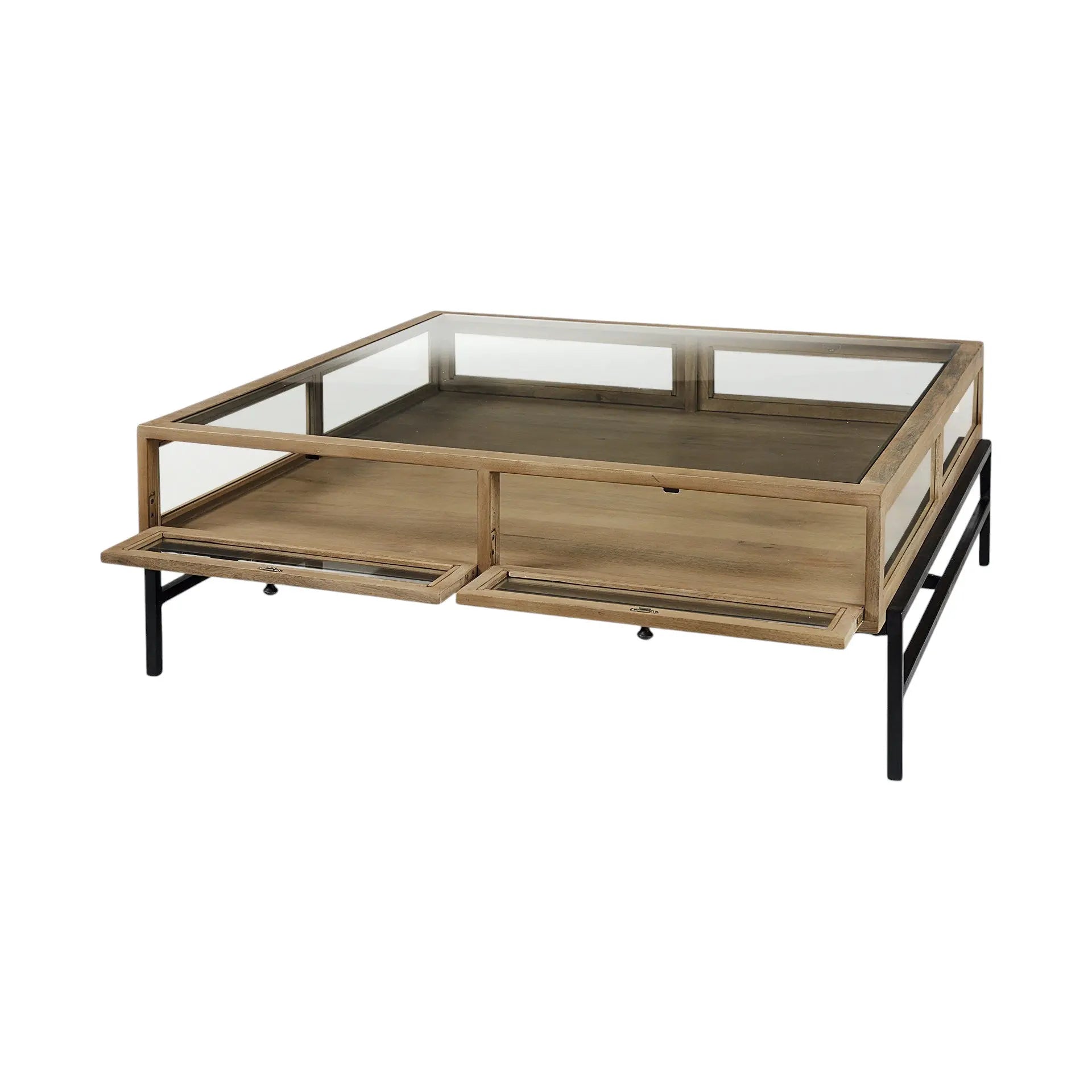 42" Clear and Black Glass and Metal Square Coffee Table With Two Drawers And Shelf Homeroots Living Room
