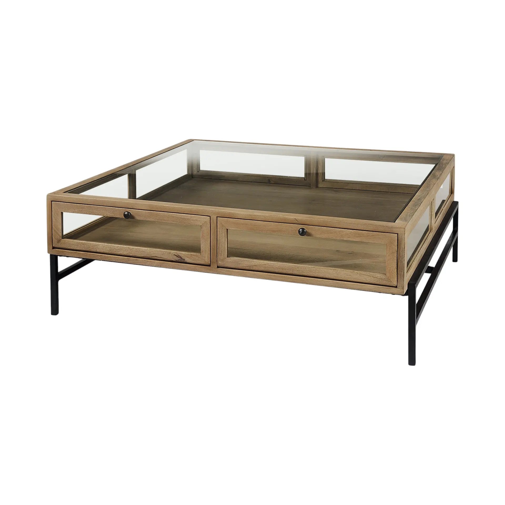 42" Clear and Black Glass and Metal Square Coffee Table With Two Drawers And Shelf Homeroots Living Room