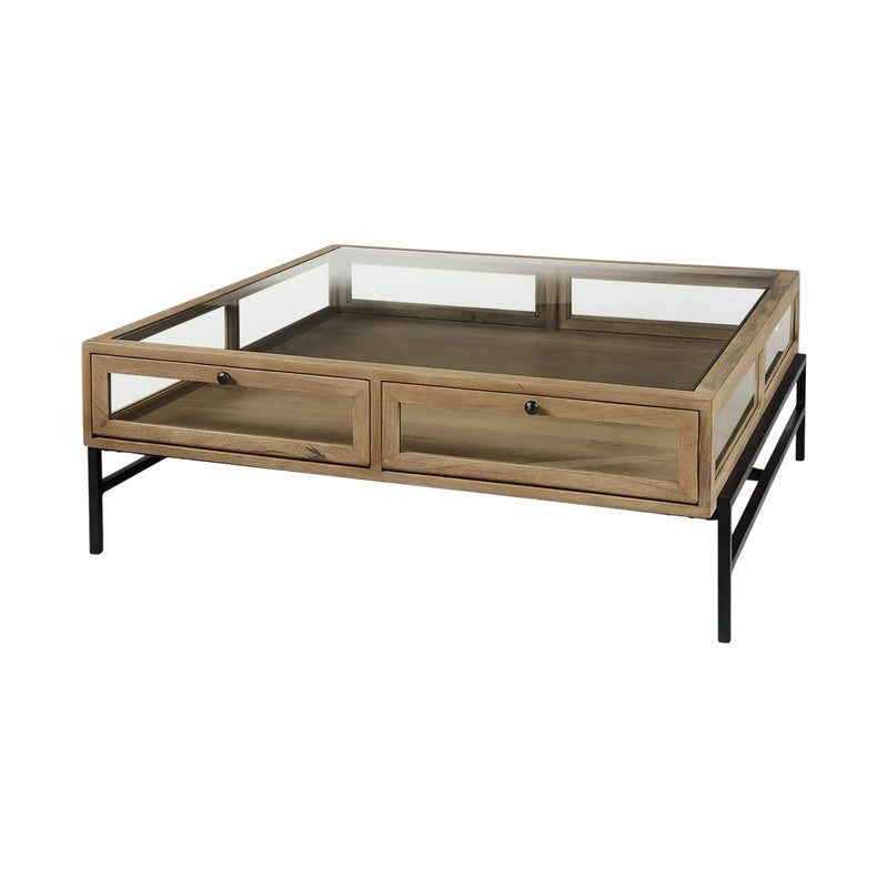 42" Clear and Black Glass and Metal Square Coffee Table With Two Drawers And Shelf Homeroots Living Room
