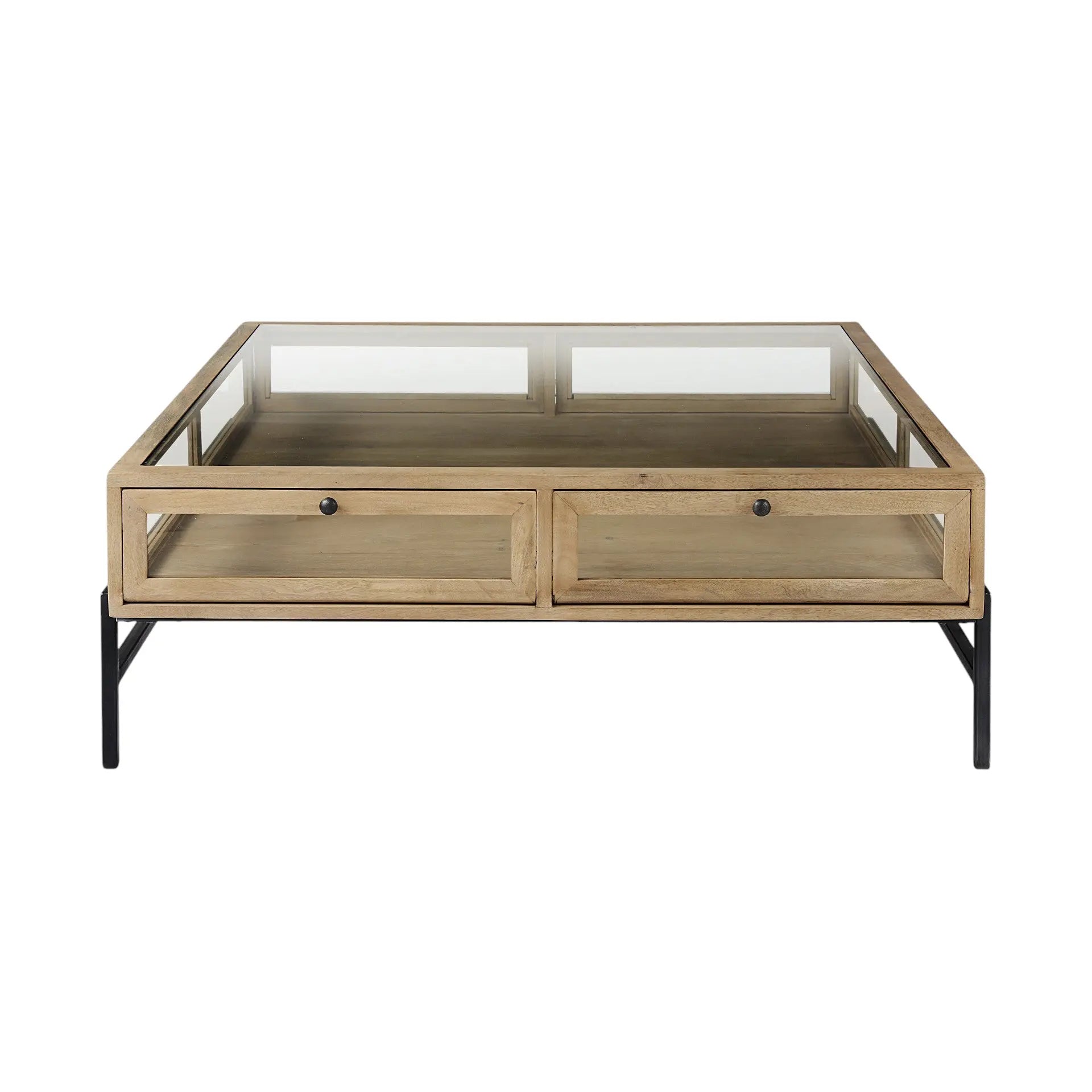 42" Clear and Black Glass and Metal Square Coffee Table With Two Drawers And Shelf Homeroots Living Room