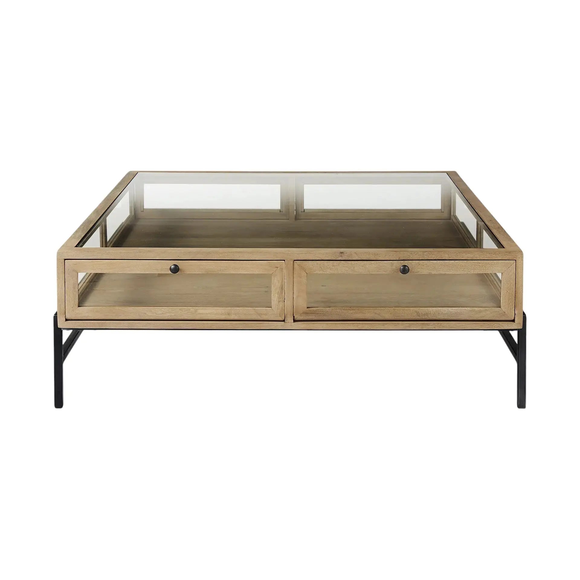 42" Clear and Black Glass and Metal Square Coffee Table With Two Drawers And Shelf Homeroots Living Room