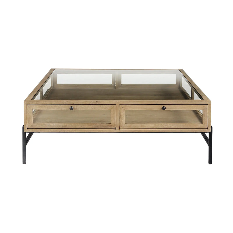 42" Clear and Black Glass and Metal Square Coffee Table With Two Drawers And Shelf Homeroots Living Room