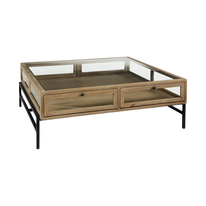 42" Clear and Black Glass and Metal Square Coffee Table With Two Drawers And Shelf Homeroots Living Room