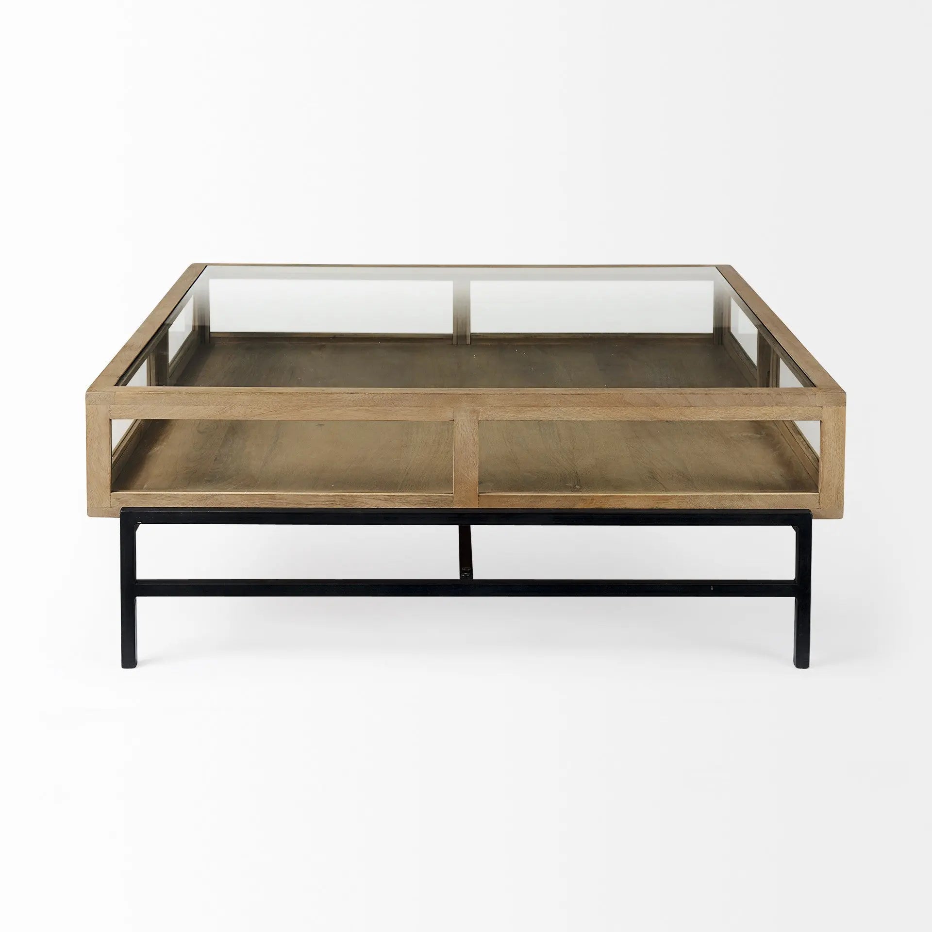 42" Clear and Black Glass and Metal Square Coffee Table With Two Drawers And Shelf Homeroots Living Room