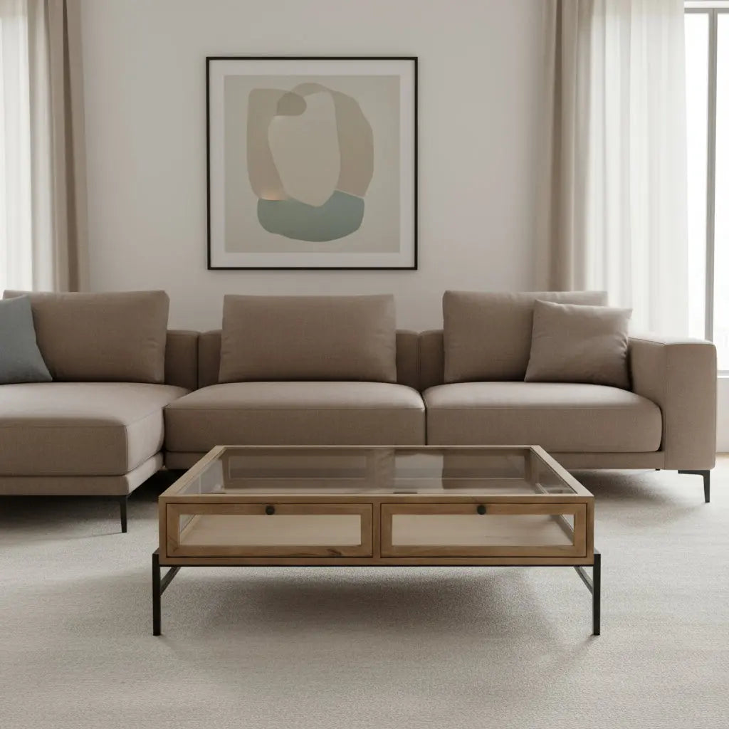 42" Clear and Black Glass and Metal Square Coffee Table With Two Drawers And Shelf Homeroots Living Room