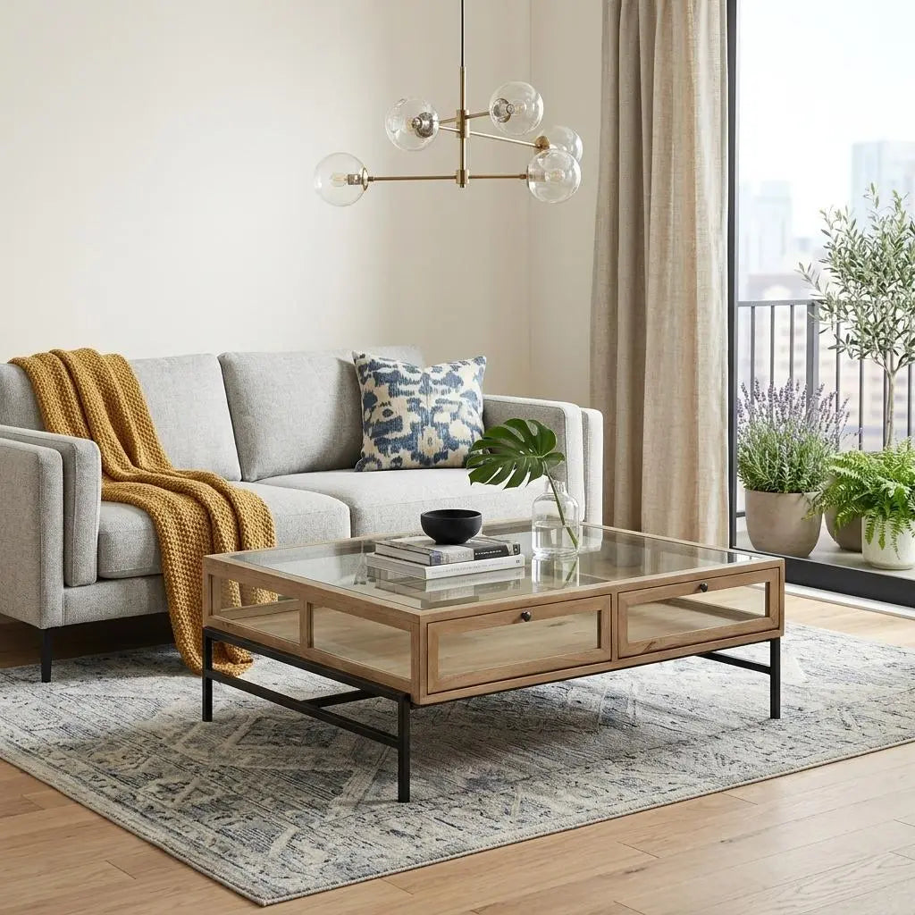 42" Clear and Black Glass and Metal Square Coffee Table With Two Drawers And Shelf Homeroots Living Room