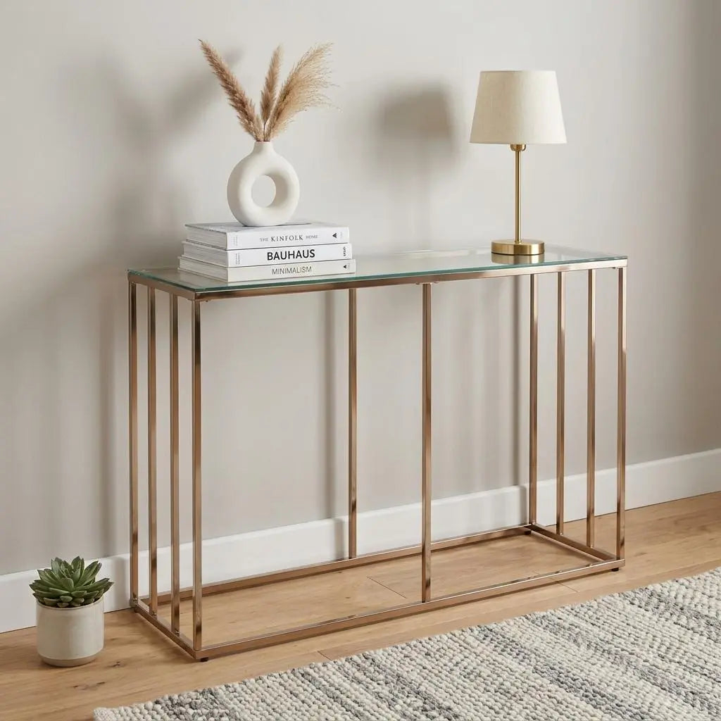 42" Clear and Gold Glass and Metal Frame Console Table Homeroots Living Room