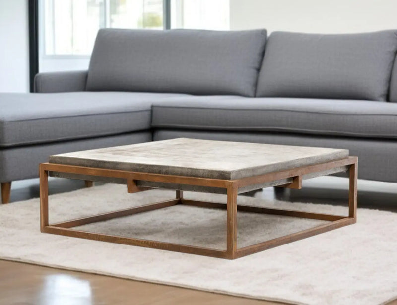 42" Dark Gray and Rust Concrete And Iron Square Abstract Coffee Table Homeroots Living Room