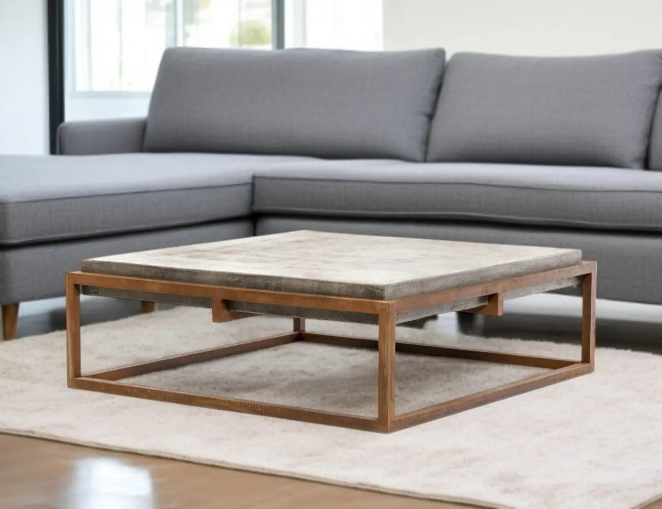 42" Dark Gray and Rust Concrete And Iron Square Abstract Coffee Table Homeroots Living Room