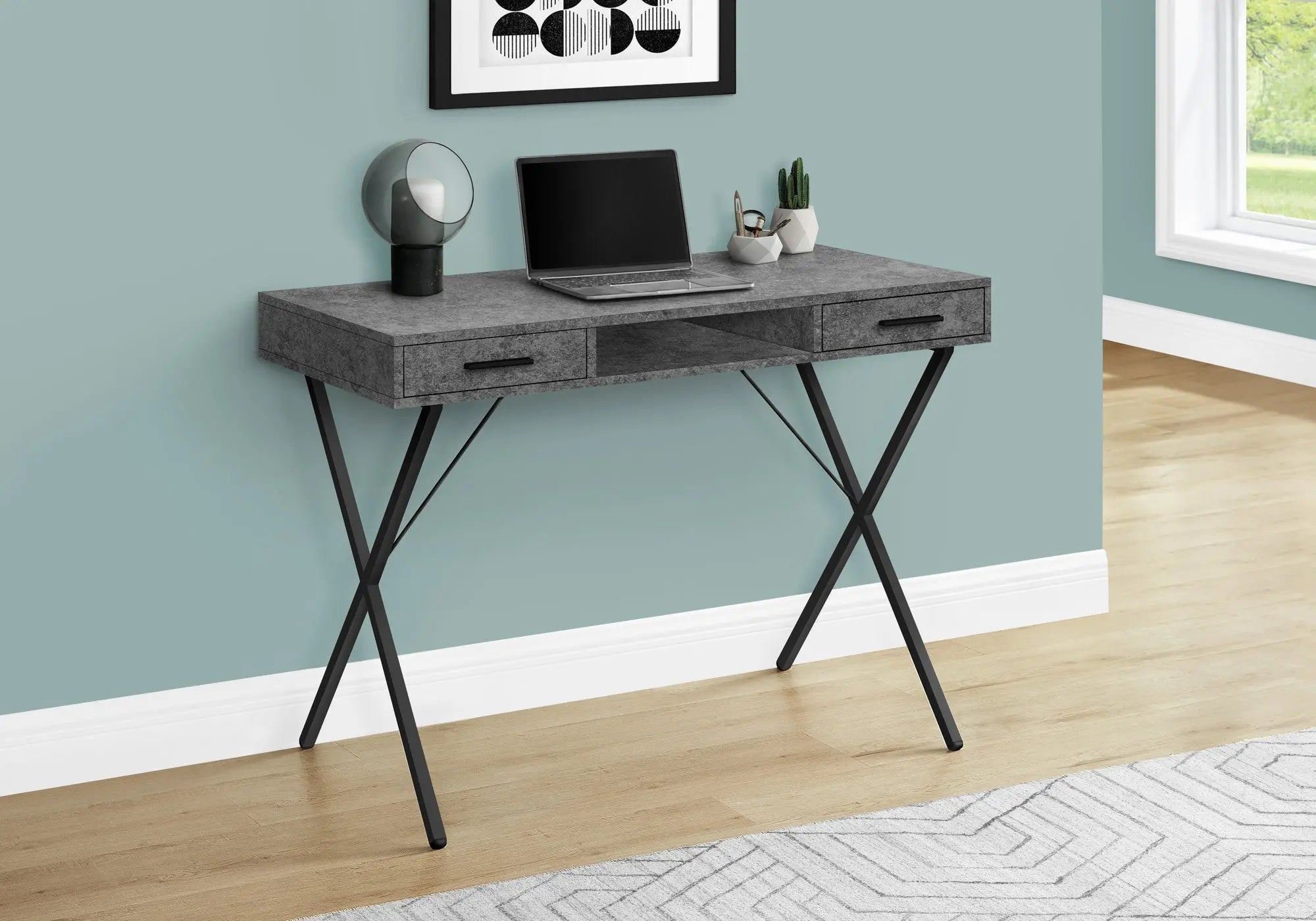 42" Gray and Black Wood and Metal x-Shape Computer Desk With Two Drawers Homeroots Office