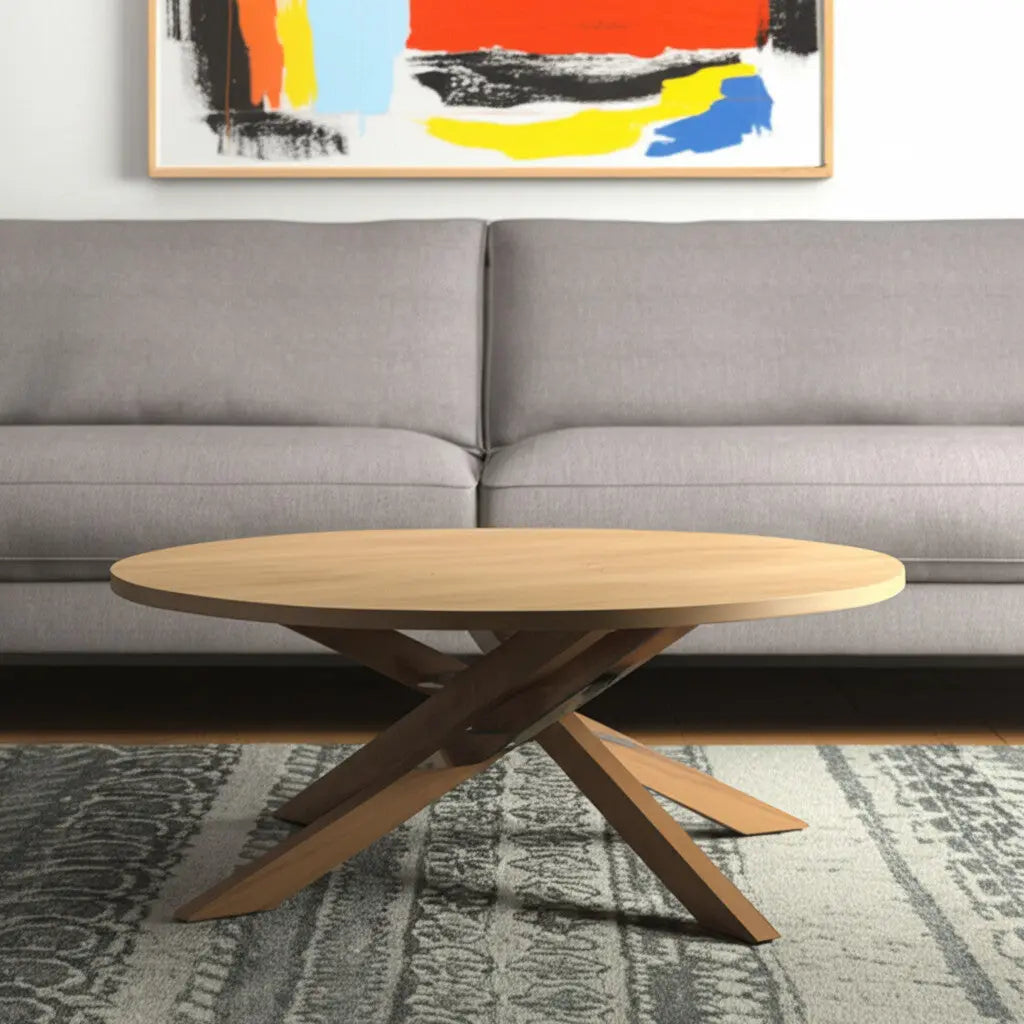 42" Natural Solid Wood Round Cross Legs Coffee Table - GreatEagleInc