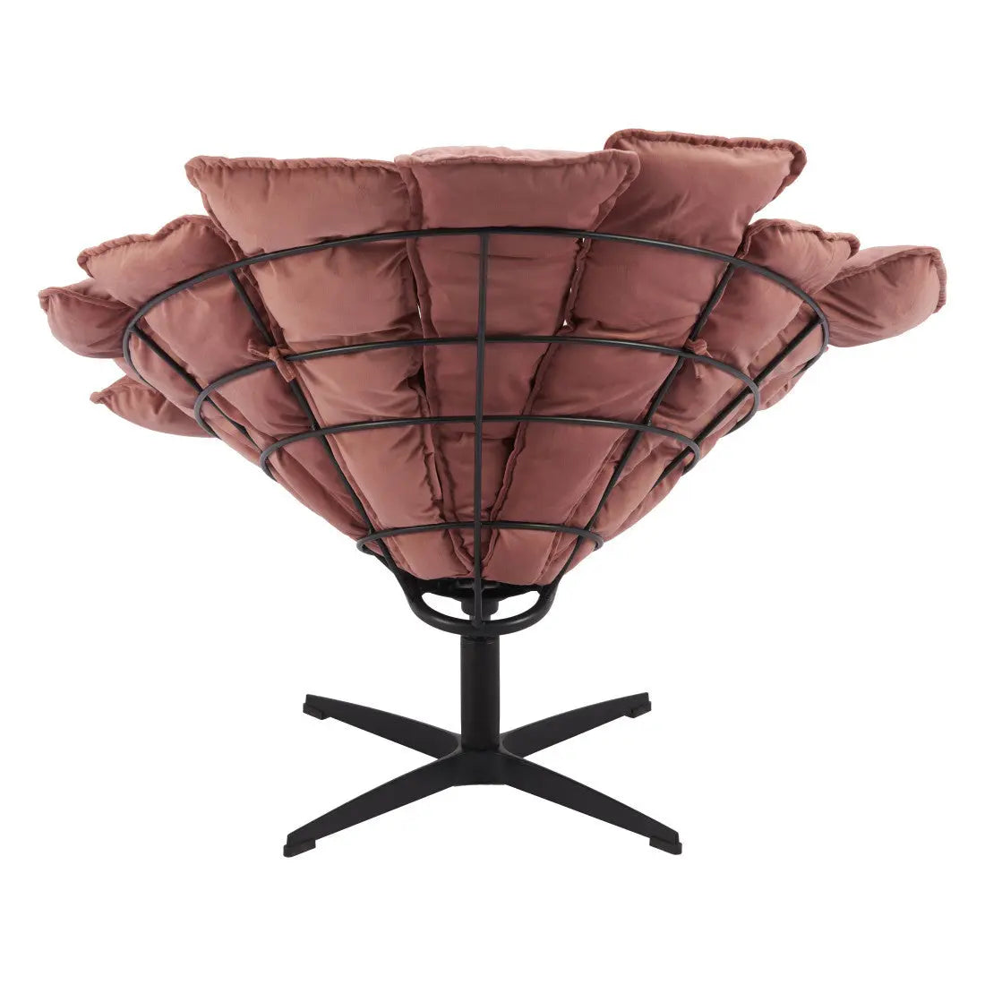 Rust-colored petal lounge chair with cushioned fabric and a sturdy black metal frame, modern design for chic decor.