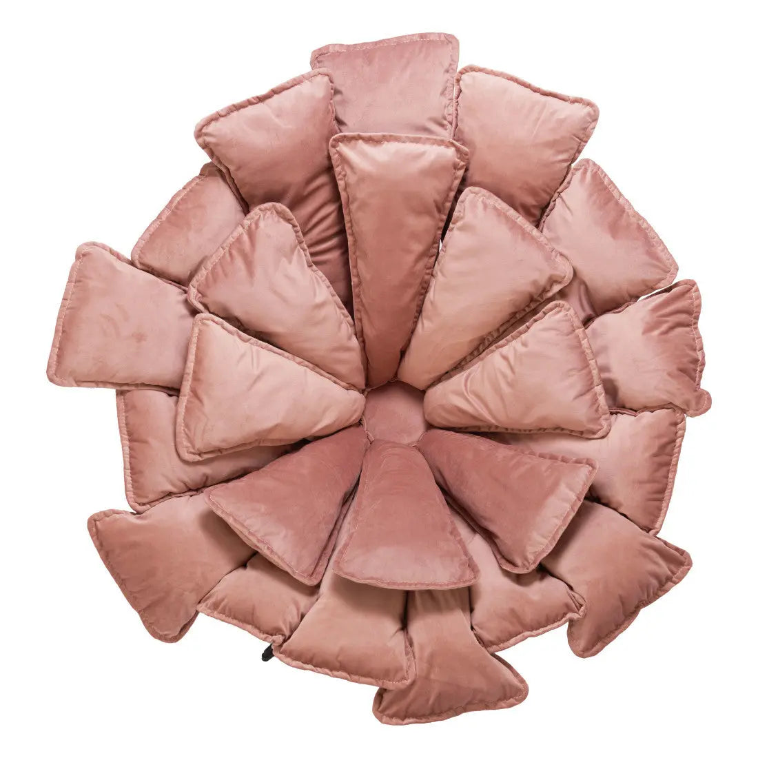 Pink velvet flower-shaped cushion with soft triangular petals, perfect for contemporary home decor.